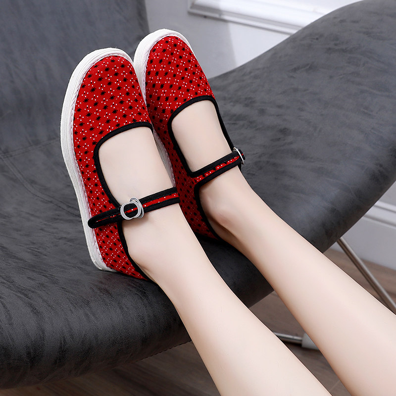 One word buckle cloth bottom mother shoes old Beijing breathable pregnant women confinement shoes red and black dot comfortable cloth shoes women's Melaleuca bottom
