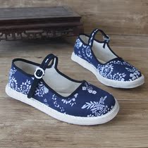 Old Beijing cloth shoes thousand layer bottom cloth shoes cloth shoes buckle fashion blue and white cloth shoes spring and autumn women