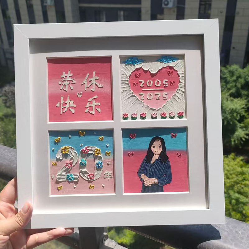Happy Rongxi Oil Pastel Crayon Four-Square Grids Photo Frame as a Retirement Creative Handmade Gift for Parents and Elders