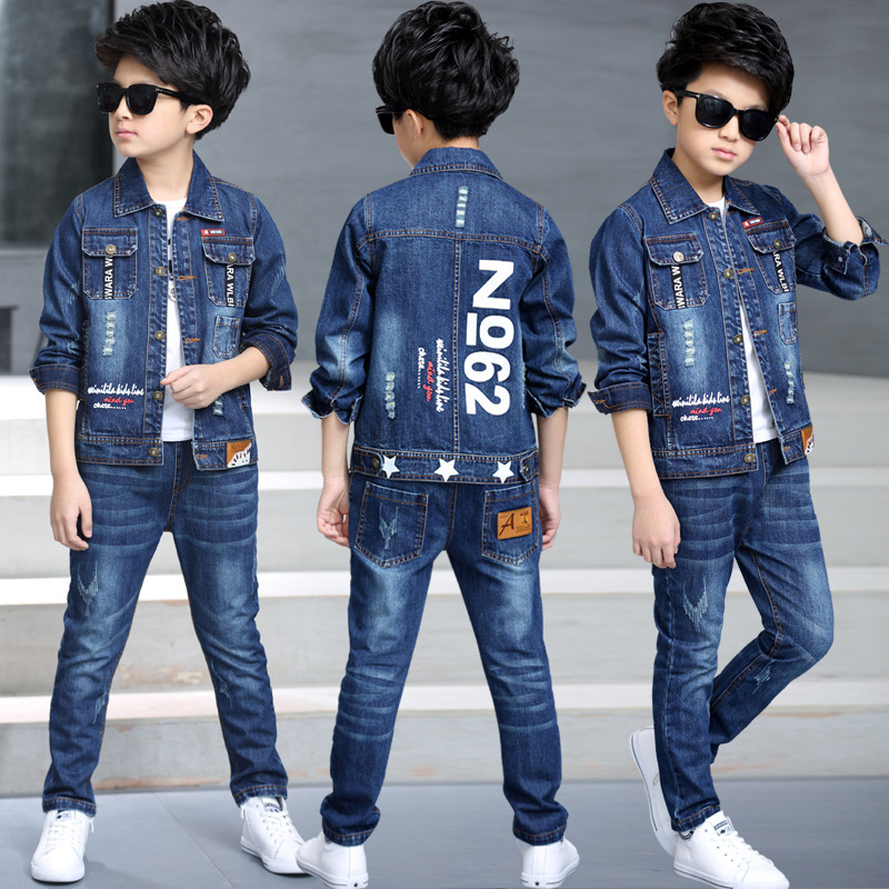 Bé trai ngã 5 con lớn 9 bé trai năm đến sáu áo khoác denim Quần áo 13 tuổi phù hợp với chín đến mười quần hai bộ quần bò nam đẹp