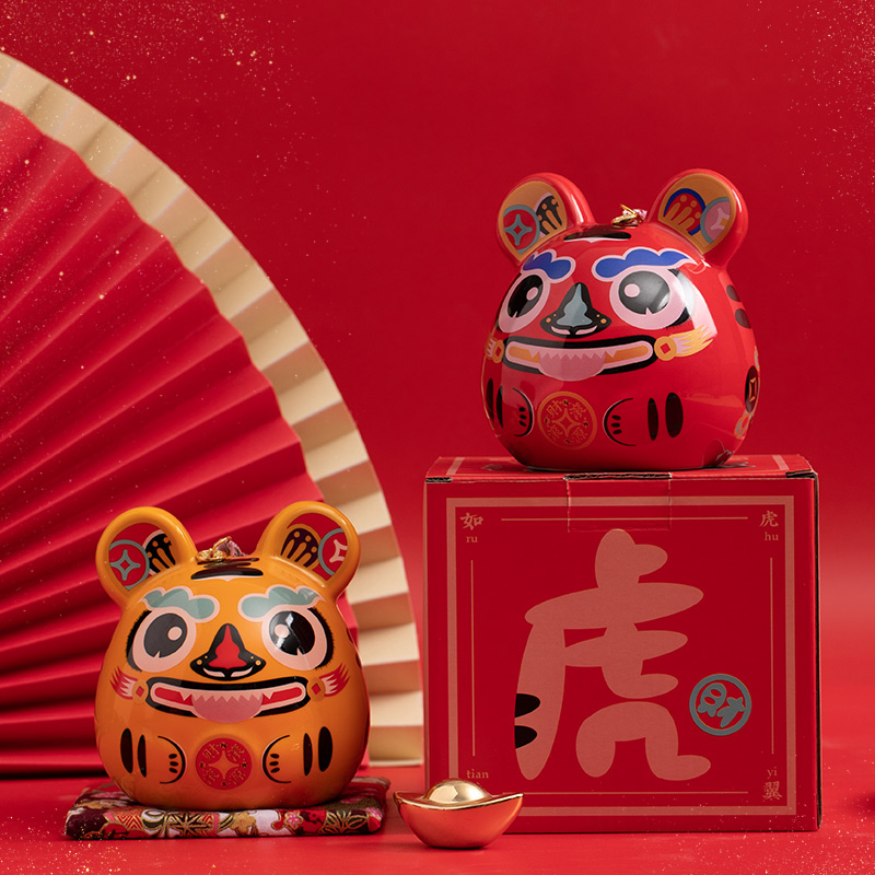 2022 creative ceramic tiger holding money tiger piggy bank money tube annual meeting gift can print logo tiger year mascot