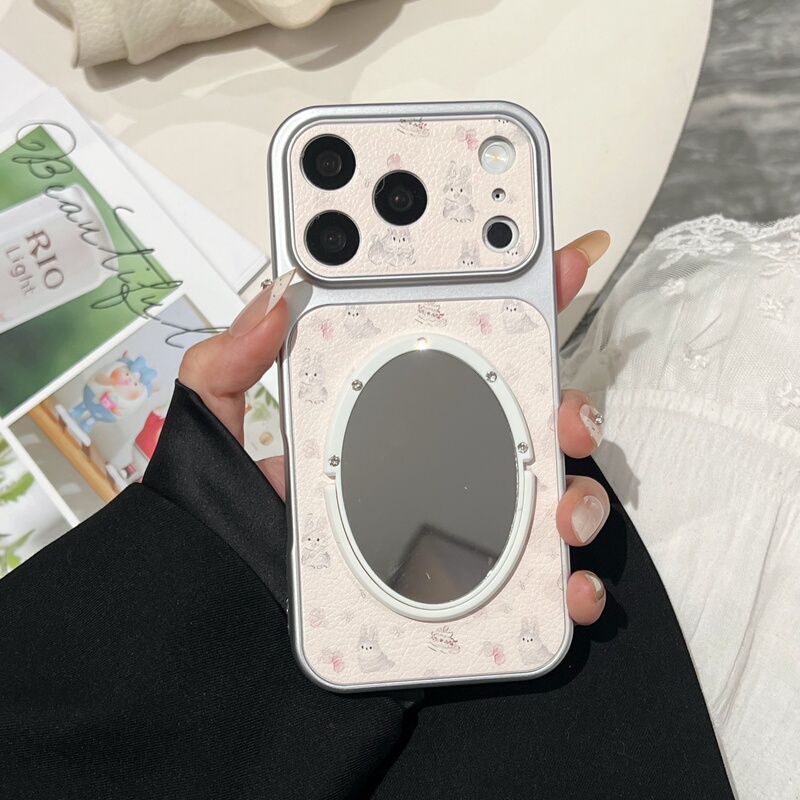 Little Gray Rabbit Large Window Leather Case for iPhone 16/17 Pro Max Mirror Phone Case Leather Texture 13/14 Apple 15 Pro Max Cartoon Rabbit Protective Case Full Cover Anti-Drop New Matte for Women