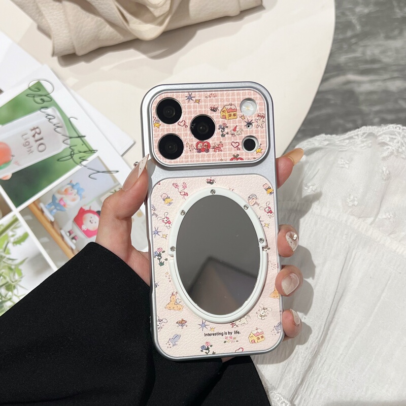 Cartoon Small Animal Leather Large Window Mirror Phone Case for iPhone 17 Pro Max, 13/14 Lambskin Apple 15/16 Pro Max, Puppy Illustration Leather Texture Protective Case, Plaid Soft Case