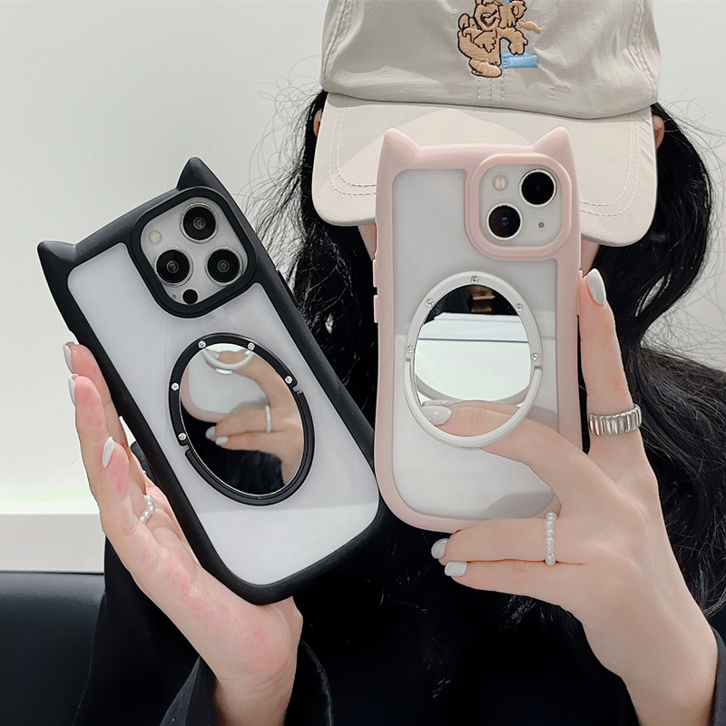 3D Cat Ears iPhone 16 /17Promax Mirror Phone Case Transparent 14 Apple 13/15Promax Pink Protective Case Cute Cartoon Thickened Air Cushion Silicone Case Black Cat Girl