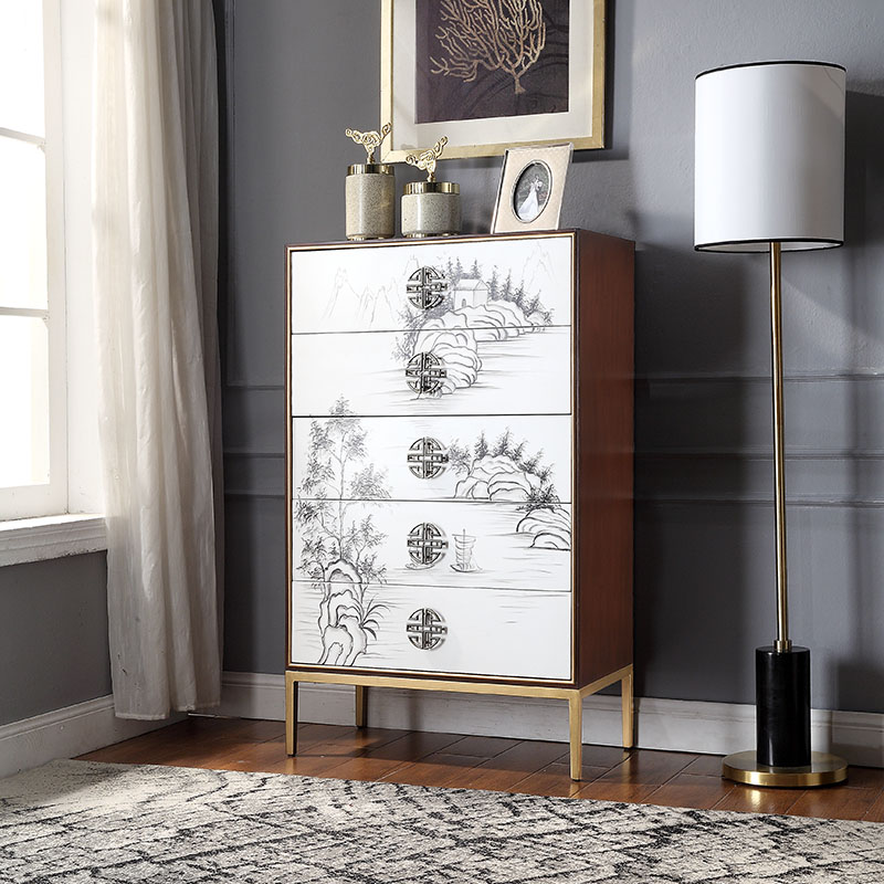 New Chinese Five Bucket Cabinet Bedroom Handpainted Decoration Light Lavish Drawers Cabinet American Solid Wood Cockpit Living Room Leaning Against Wall Holding Cabinet