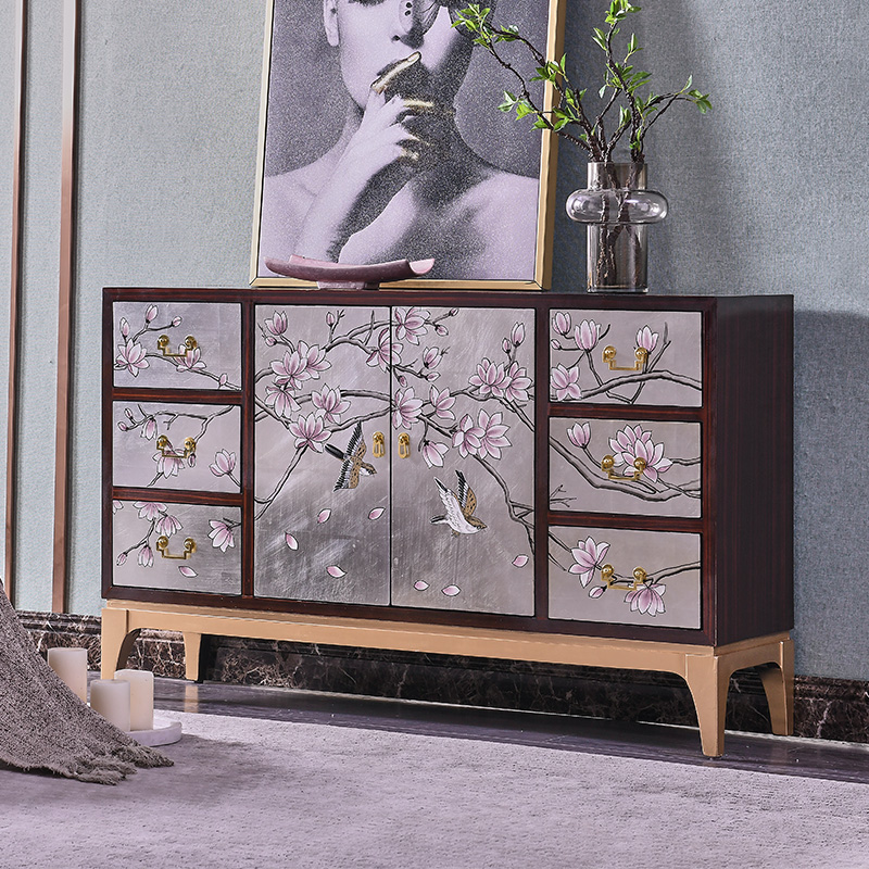 New Chinese style porch cabinet piano paint hand-painted living room compartment cabinet light luxury ebony wine cabinet silver foil screen hall cabinet