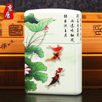 American zippo lighter version of Lotus Pond koi fish lotus flower annual gift men windproof lettering