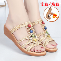 Summer sandals womens heels Bohemia Cool Hollow Vattan grass woven womens shoes fashion beaded large size mother shoes