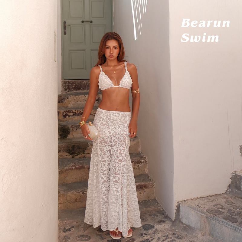 Bearun Swim Resort-Style Lace Bikini Set, Seaside Small Bust Push-Up Two-Piece Swimsuit, Beach Swimwear