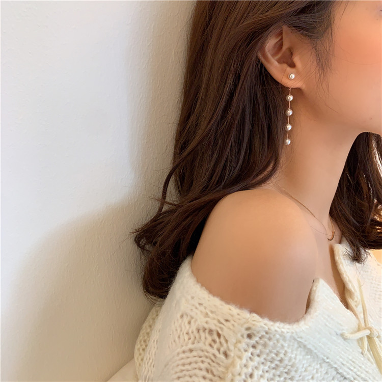 Silver Needle Korean Fashion Internet Celebrity Instagram Charm Pearl Long Chain tassel Earrings Female_voghion.com