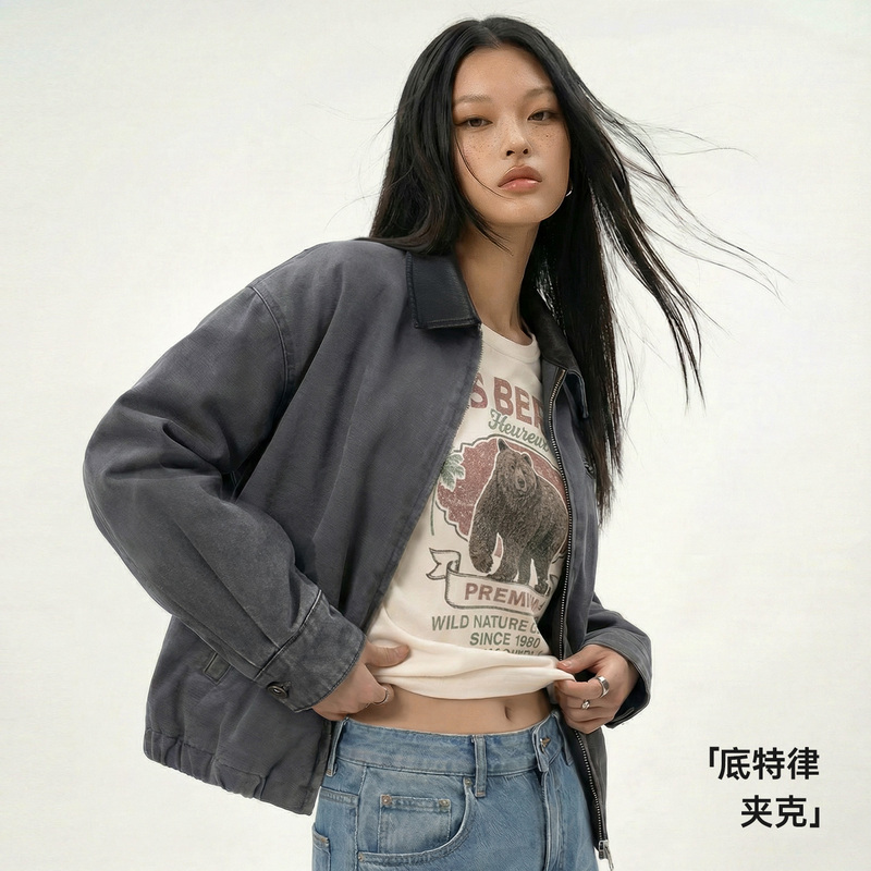 Madden American-Style Gray Loose Color-Blocked Lapel Detroit Hunting Workwear Jacket Short Coat for Women Spring