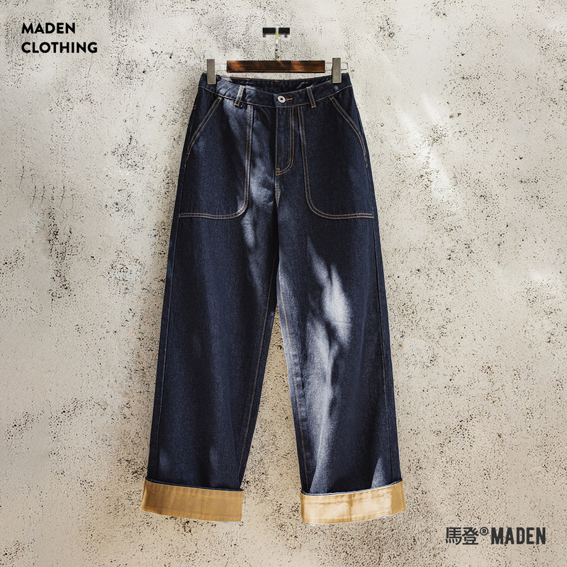 Madden American-Style Lyocell Denim Blue Original Color Cuffed Jeans, American High-Waisted Loose Straight-Leg Rolled Hem Wide-Leg Pants for Women, Autumn Madden American-Style Lyocell Denim Blue Original Color Cuffed Jeans, American High-Waisted Loose Straight-Leg Rolled Hem Wide-Leg Pants for Women, Autumn