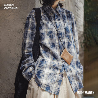 马登美式复古藏青色格子纹翻领宽松磨毛长袖休闲衬衫上衣外套女秋