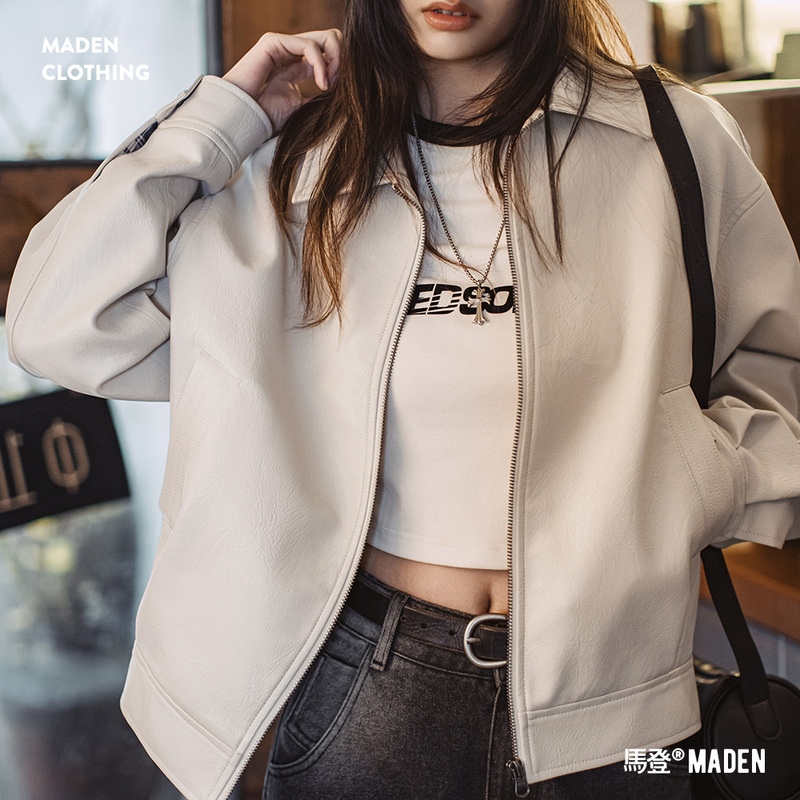 Madden Beige Retro-Style Off-White Leather Jacket Hong Kong Style Biker Short Jacket Petite Top Coat Autumn Women's Clothing Madden Beige Retro-Style Off-White Leather Jacket Hong Kong Style Biker Short Jacket Petite Top Coat Autumn Women's Clothing