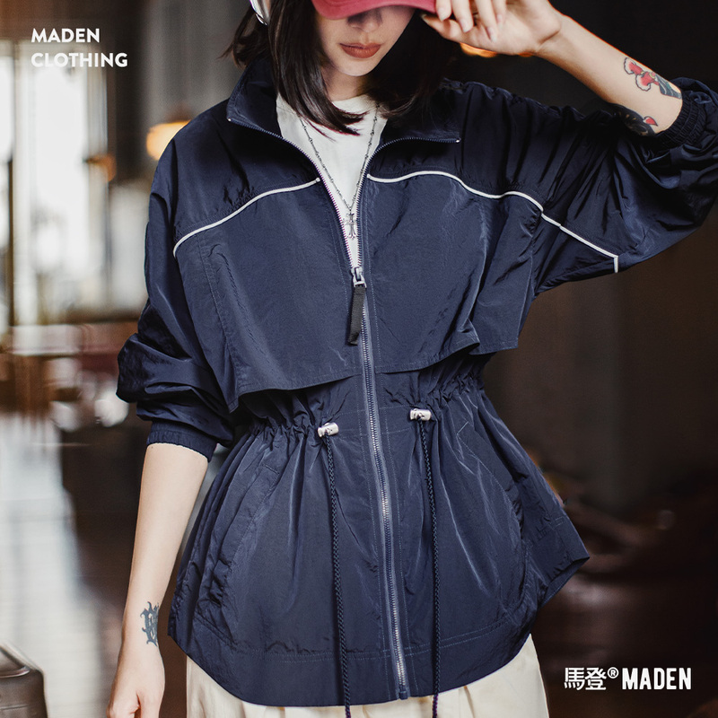 Madden American-Style Stand-Up Collar Loose Lightweight Short Waist-Cinching Parka Workwear Trench Coat Jacket for Women Spring