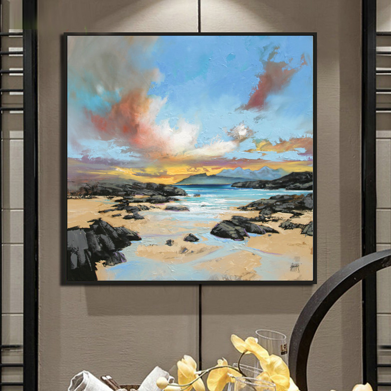 Pure hand-painted entrance living room dining room Nordic style square hanging murals Simple modern home sea view decorative oil painting