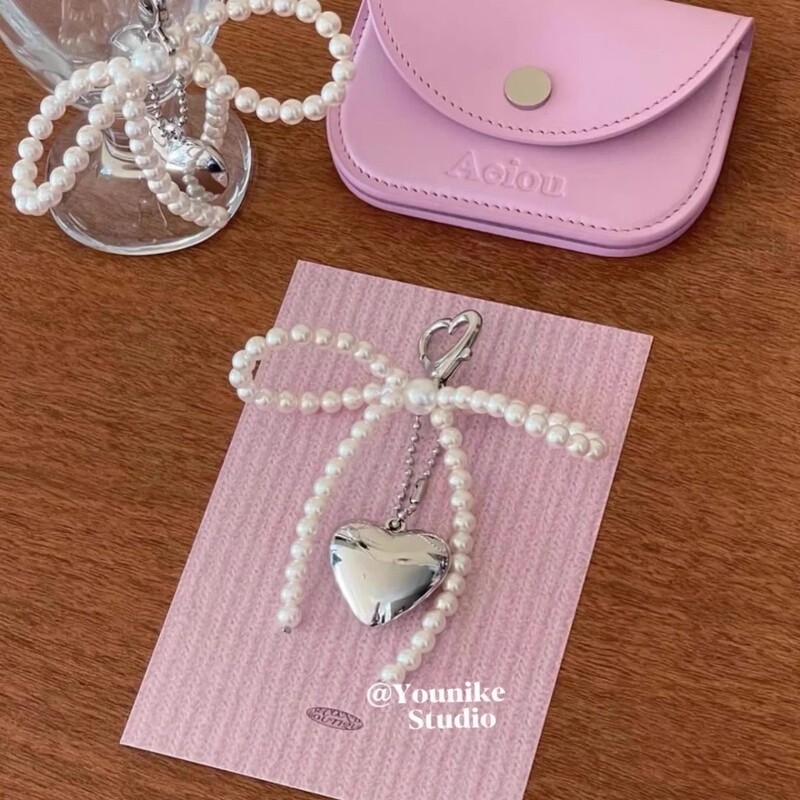 Korean Chic New Sweet Pearl Bow Silver Heart Pendant Car Keychain AirPods Charm Phone Accessory