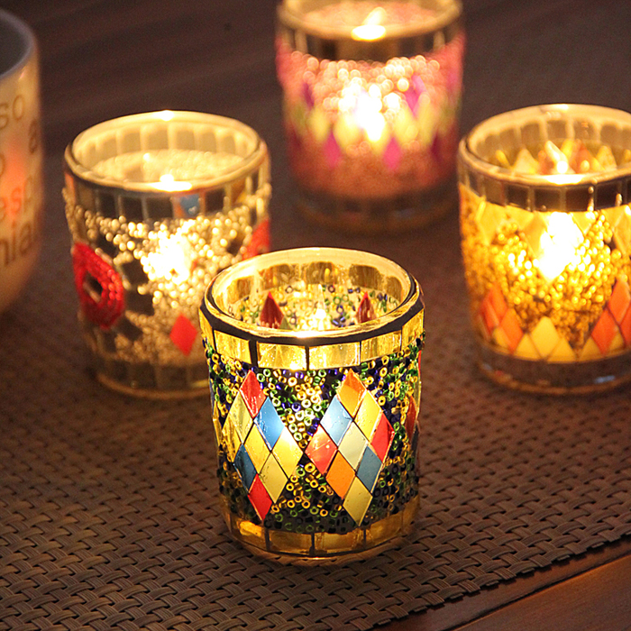 European handmade mosaic small cup-shaped glass candlestick Romantic candlelight dinner Bar decoration ornaments send candles