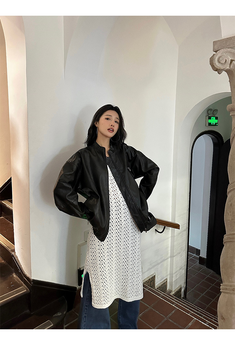 Кожаная куртка 左边女装立领机车皮衣外套2024春装新款复古做旧皮夹克 男女同款 ILEFT