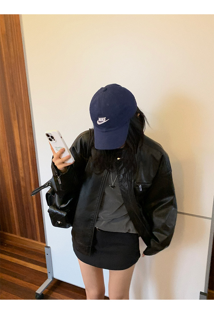 Кожаная куртка 左边女装立领机车皮衣外套2024春装新款复古做旧皮夹克 男女同款 ILEFT