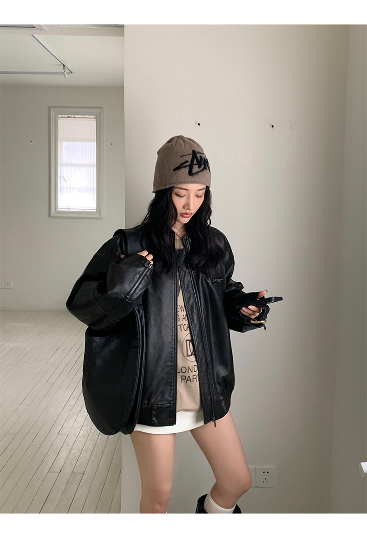 Кожаная куртка 左边女装立领机车皮衣外套2024春装新款复古做旧皮夹克 男女同款 ILEFT