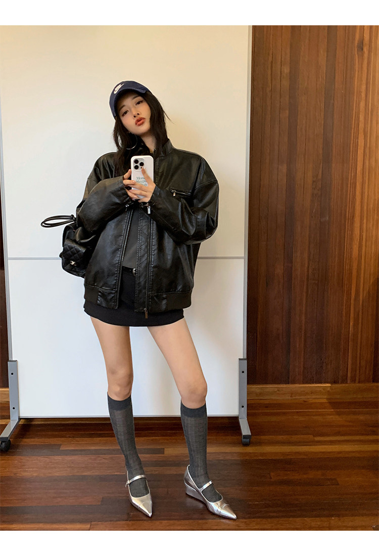 Кожаная куртка 左边女装立领机车皮衣外套2024春装新款复古做旧皮夹克 男女同款 ILEFT