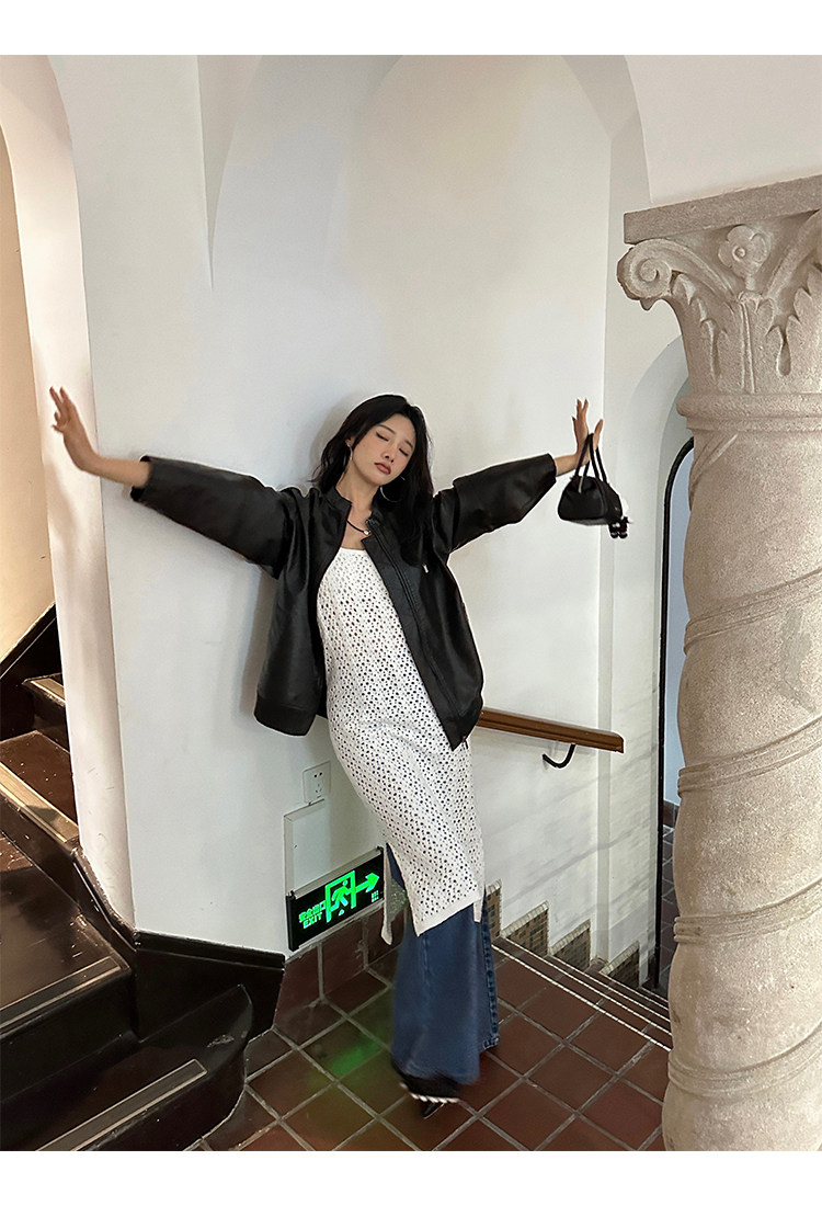 Кожаная куртка 左边女装立领机车皮衣外套2024春装新款复古做旧皮夹克 男女同款 ILEFT