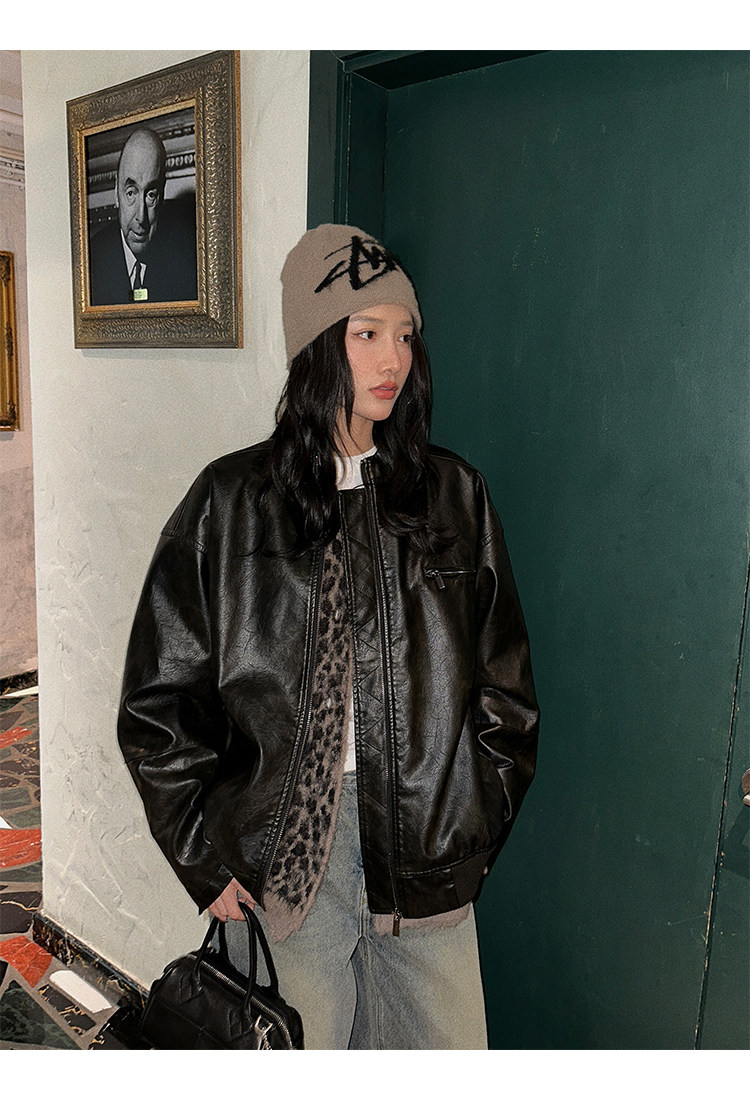 Кожаная куртка 左边女装立领机车皮衣外套2024春装新款复古做旧皮夹克 男女同款 ILEFT