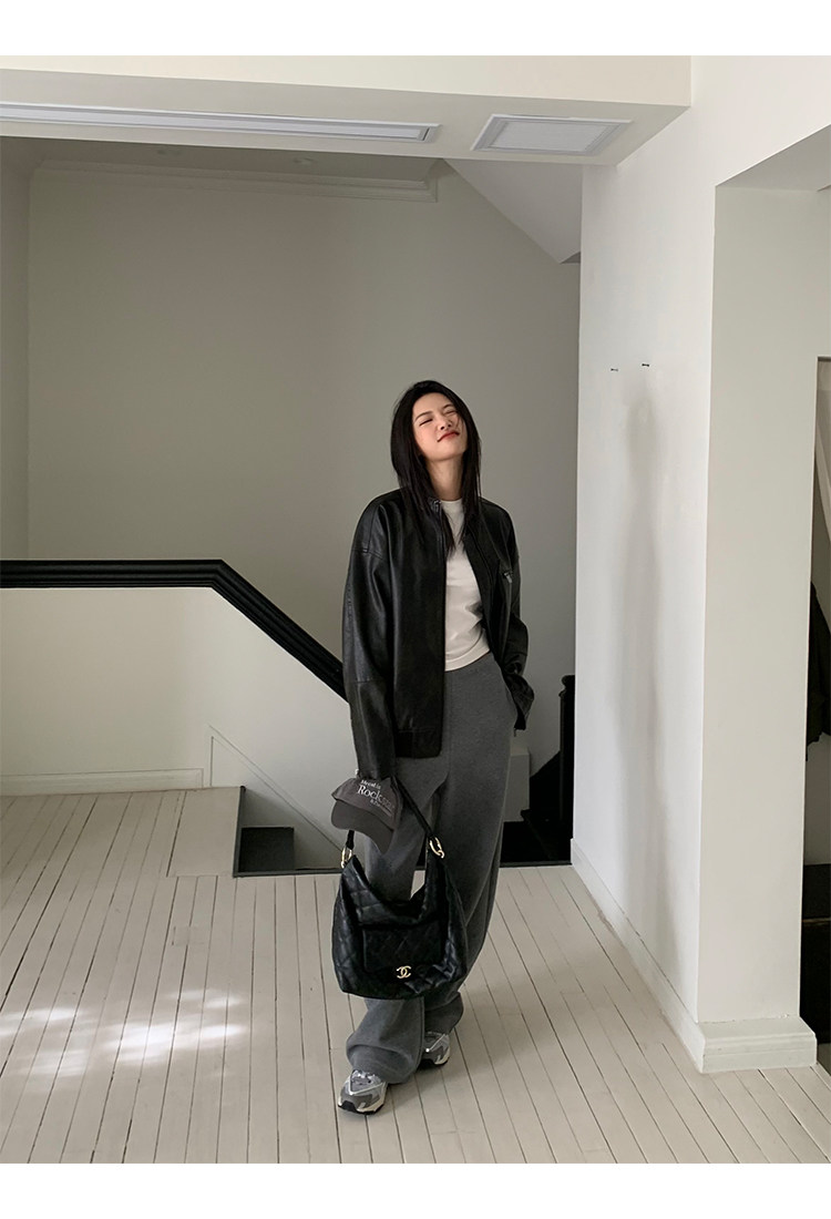 Кожаная куртка 左边女装立领机车皮衣外套2024春装新款复古做旧皮夹克 男女同款 ILEFT