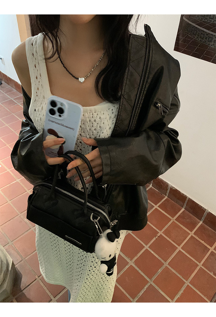 Кожаная куртка 左边女装立领机车皮衣外套2024春装新款复古做旧皮夹克 男女同款 ILEFT