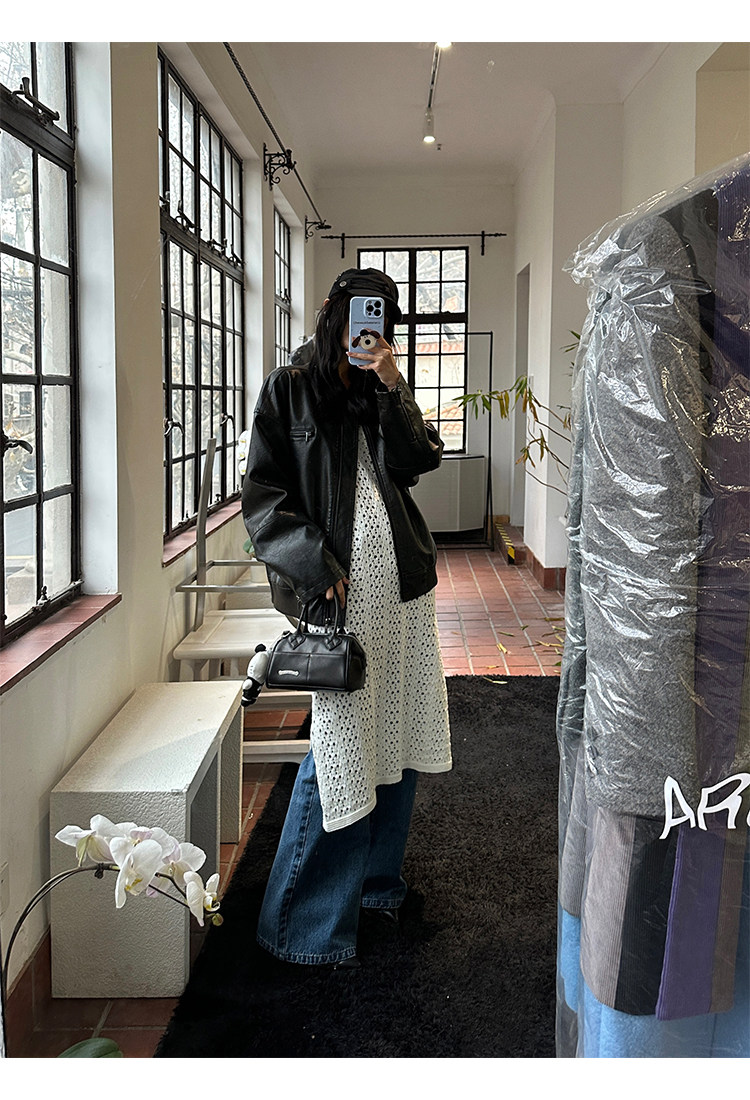 Кожаная куртка 左边女装立领机车皮衣外套2024春装新款复古做旧皮夹克 男女同款 ILEFT