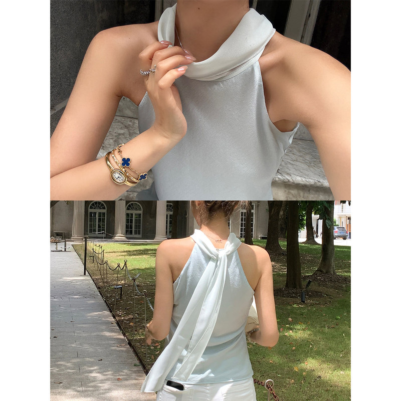 Left Side Women's Silk Blend Designer Top 2026 Summer New Halter Neck Sleeveless Vest Left Side Women's Silk Blend Designer Top 2026 Summer New Halter Neck Sleeveless Vest