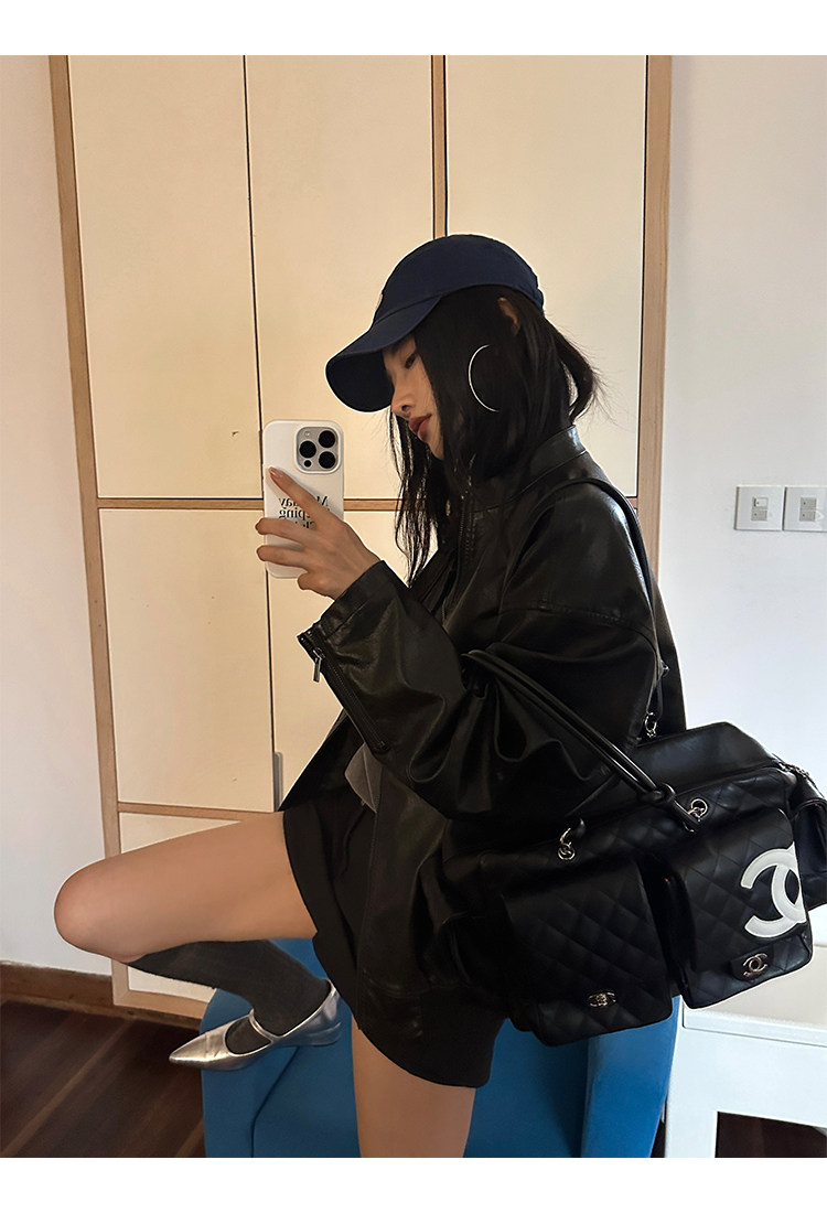 Кожаная куртка 左边女装立领机车皮衣外套2024春装新款复古做旧皮夹克 男女同款 ILEFT