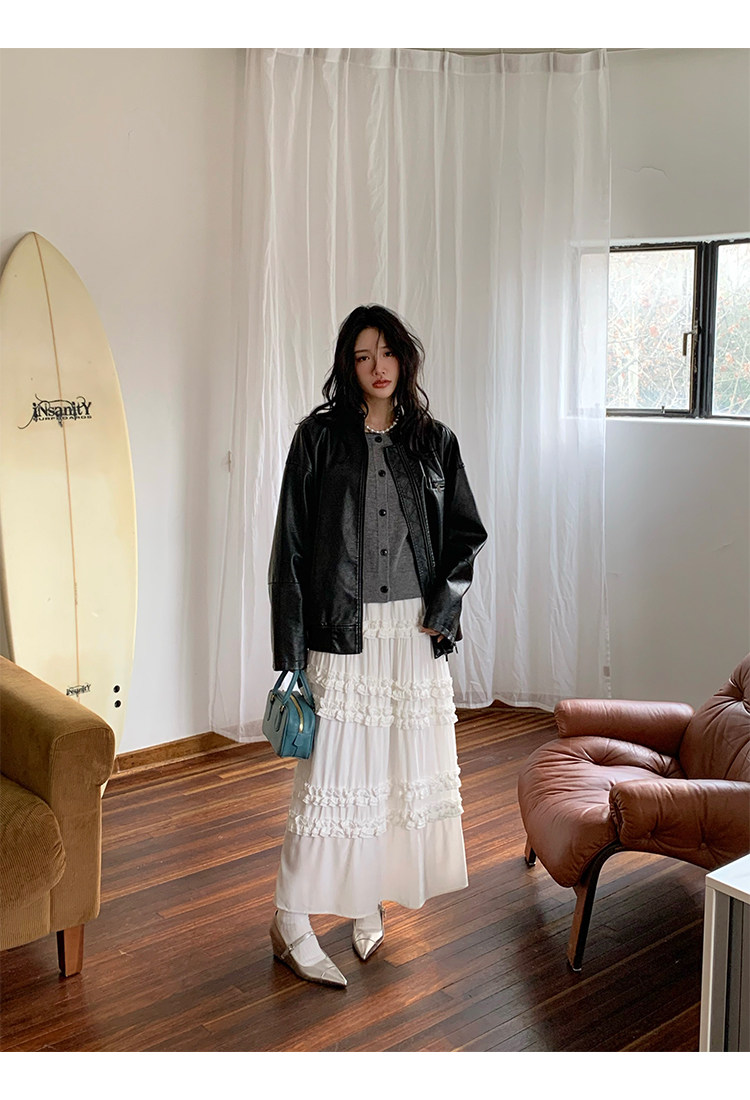 Кожаная куртка 左边女装立领机车皮衣外套2024春装新款复古做旧皮夹克 男女同款 ILEFT