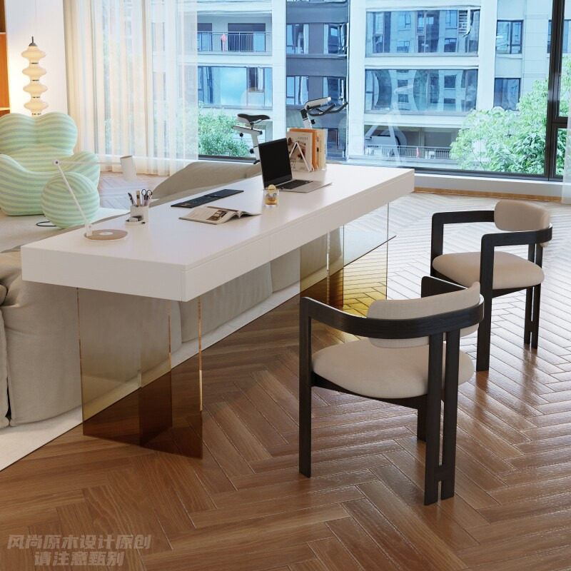 White Solid Wood Desk, Double Desk, Long Table Behind the Sofa in the Living Room, Cream Style Home Study Desk