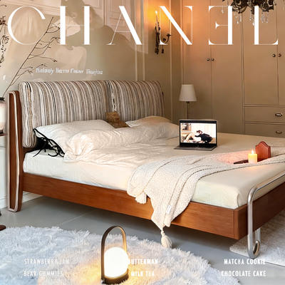 Bauhaus Chinese-style solid wood bed, master bedroom, small apartment, soft-padded bed, 1.8-meter double bed, walnut color retro bed