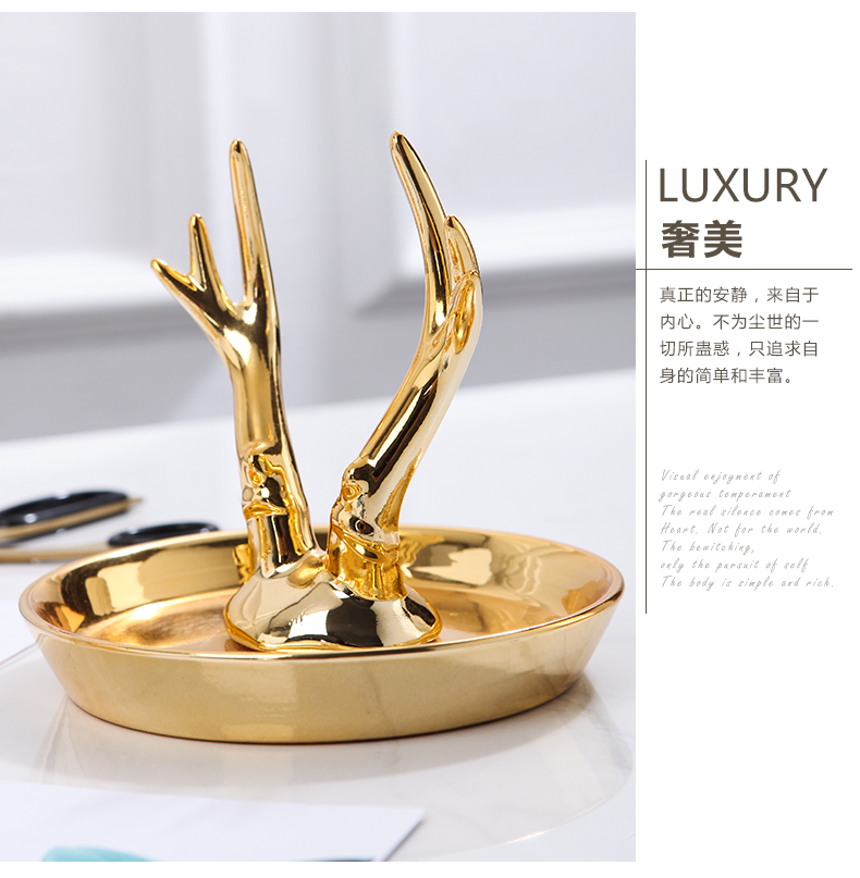 Nordic contracted golden rabbit disc creative receive plate decoration plate ceramic jewelry dresser plate antlers gold furnishing articles