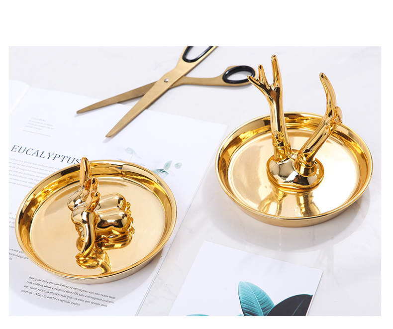 Nordic contracted golden rabbit disc creative receive plate decoration plate ceramic jewelry dresser plate antlers gold furnishing articles