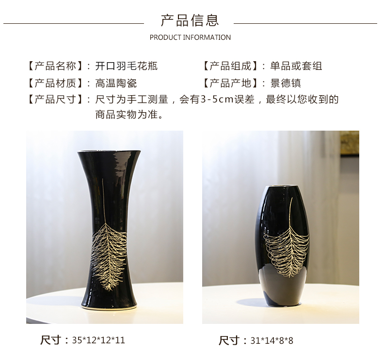 Jingdezhen ceramic vase creative contracted sitting room mesa adornment flowers flower implement big move black feathers furnishing articles