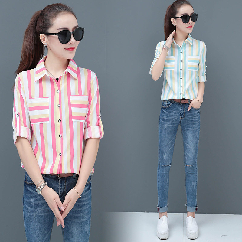 Spring Dress Shirt Woman 2022 to go to work Striped Blouse Blouse Long Sleeve Loose Casual Conspicuge Lady Shirt Undershirt