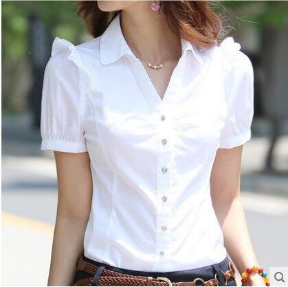 Summer V collar work dress shirt woman positive dress short sleeves large size size blouse women's Korean page trial work for summer clothes