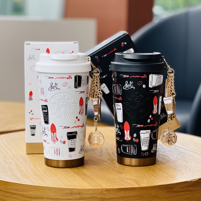 Starbucks Wearing Prada Queen Black and White Graffiti Lettering Couple's Stainless Steel Travel Mug with Metal Chain