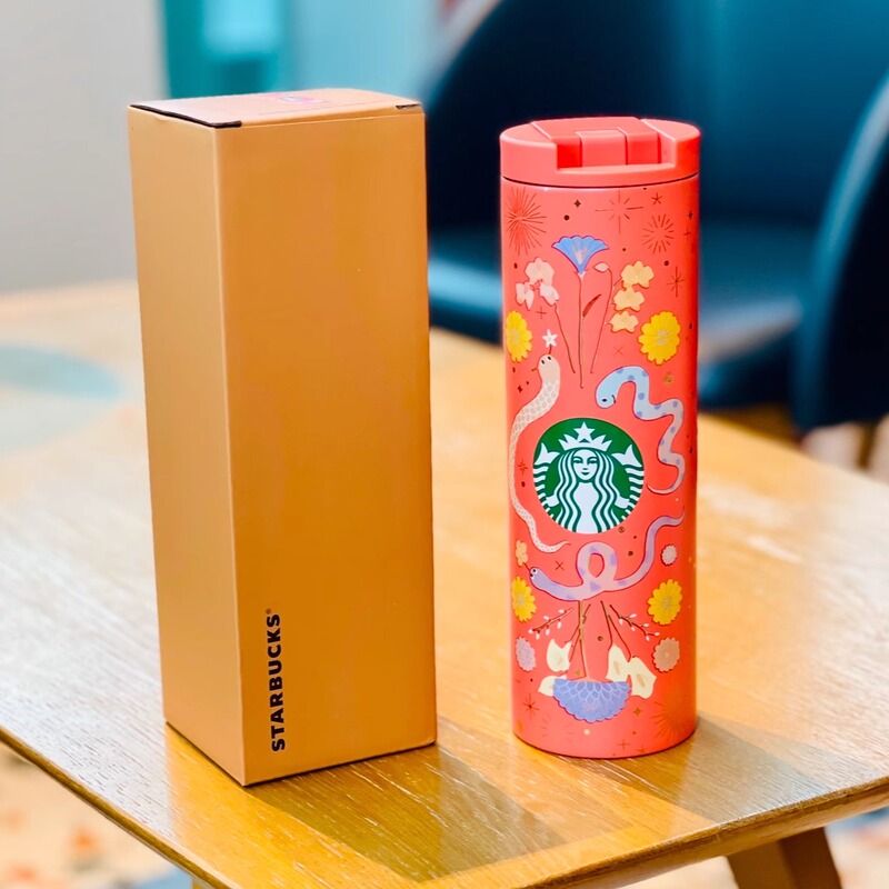 Starbucks New Year Prosperity Garden Cute Snake Bright Orange Stainless Steel Travel Mug with Lid for Car and Desktop