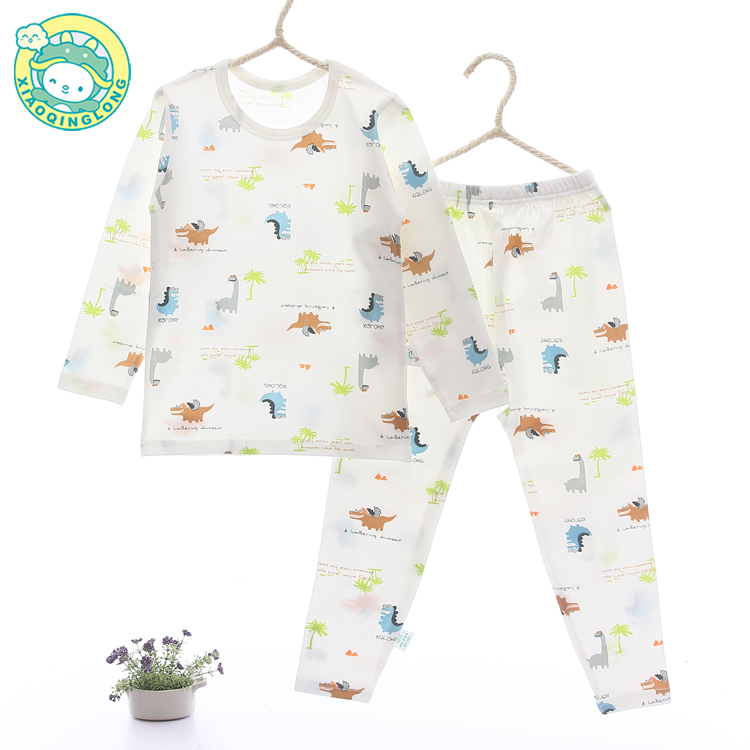 Xiao Qinglong Lycra đồ lót set trẻ em mùa xuân và mùa thu mỏng chàng trai và cô gái thấp cổ tròn quần áo mùa thu đồ ngủ cotton đồ bộ cotton cho bé gái