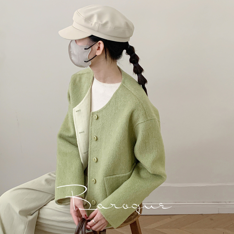 Baroque Double-Sided Wool Coat for Women 2025 Winter New Style Petite Green Short Woolen Coat for Women