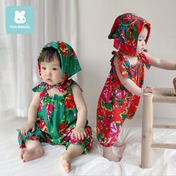 Baby Clothes for Summer, Cute and Thin Romper for Baby Girls, Funny Newborn Jumpsuit, Northeastern Style with Big Floral Patterns