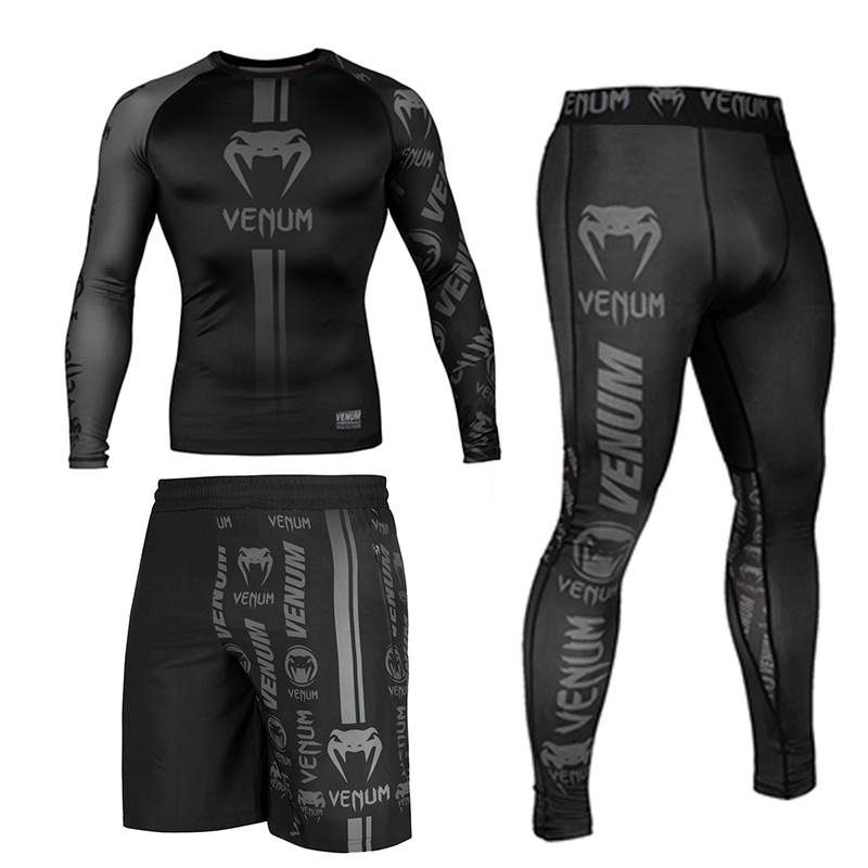 Venom Training Suit Men's Long-Sleeved Three-Piece Set with Shorts Boxing Ufc Sports Fitness Running Tights