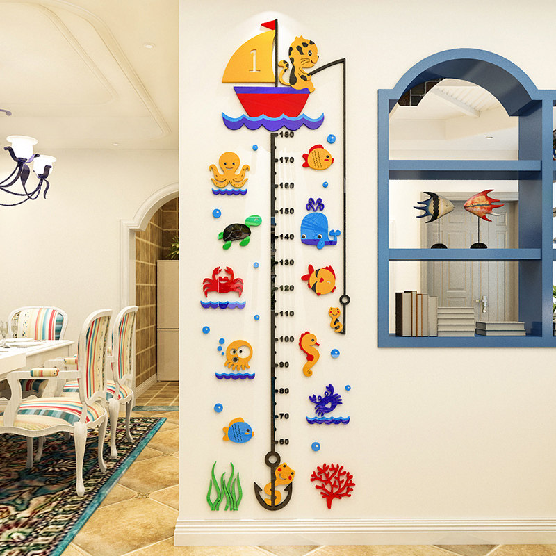 Kitten fishing 3d three-dimensional height wall stickers children's room decoration baby measuring height ruler kindergarten wall decoration