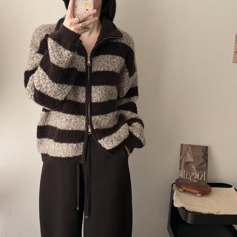 Korean-Style Double-Zip Stand-Collar Looped Fleece Sweater Coat for Women, Thick Striped Color-Blocked Full Wool Knit Cardigan, European Style Korean-Style Double-Zip Stand-Collar Looped Fleece Sweater Coat for Women, Thick Striped Color-Blocked Full Wool Knit Cardigan, European Style