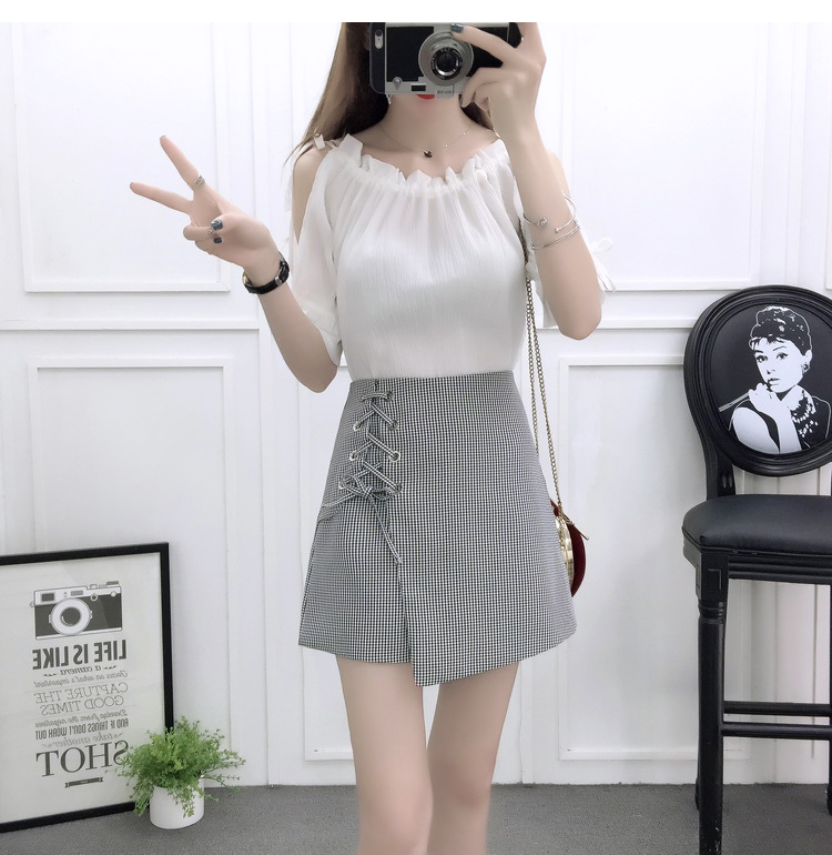 VK旗艦店 韓國風露肩時尚雪紡高腰系帶綁帶套裝短袖裙裝